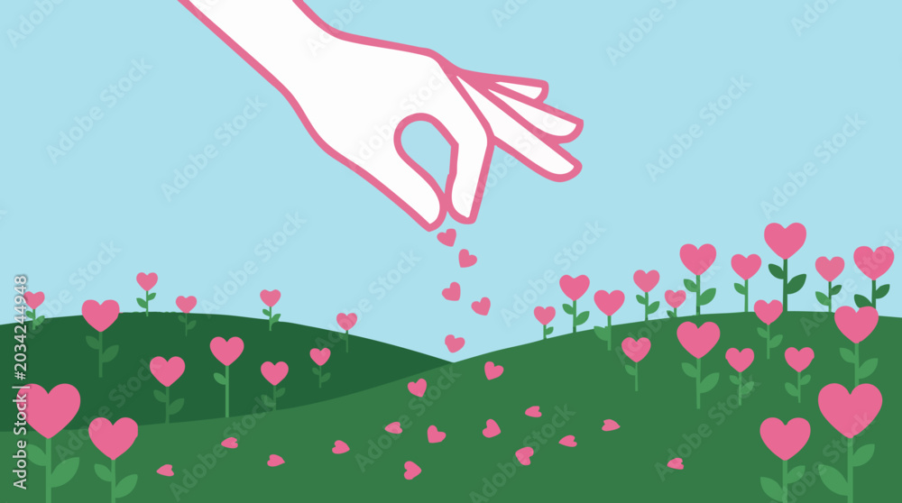 Obraz premium Generous hand scattering heart seeds in a blooming heart garden