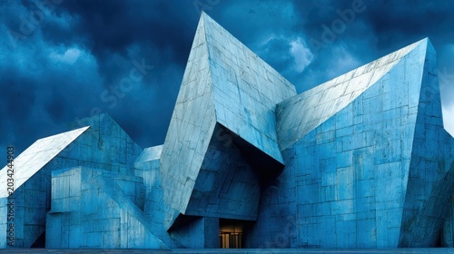 Geometric Modern Building Facade Under Dramatic Sky