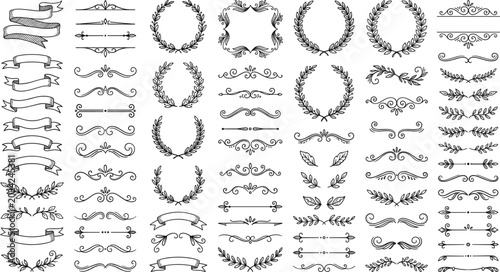 Tableau sur toile Ornate botanical vector set featuring sketched leaf wreaths paragraph separators