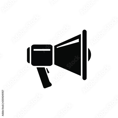 Solid Black Silhouette Of A Handheld Megaphone Used For Communication On White Background