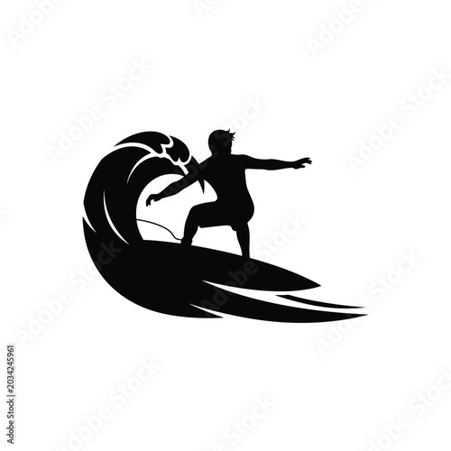 Black Silhouette of a Surfer Riding a Large Crashing Ocean Wave on a White Background