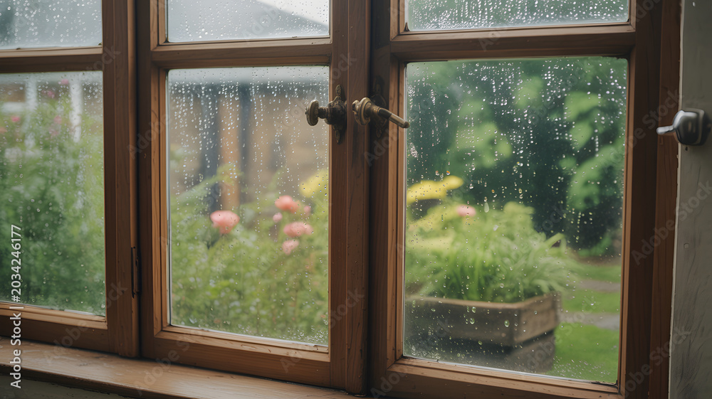 Fototapeta premium wooden window with raindrops looking out onto a blurred garden scene