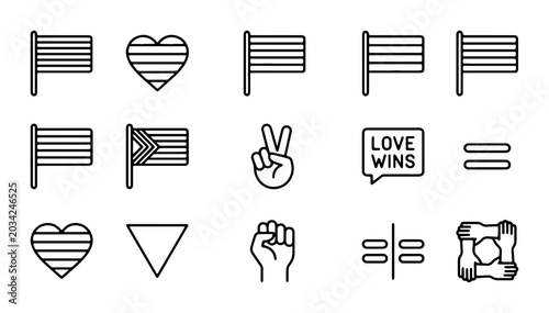 Tableau sur toile LGBTQ+ Pride Icons Set: Equality, Love Wins, Flags, Hearts, Unity, Peace Sign, F