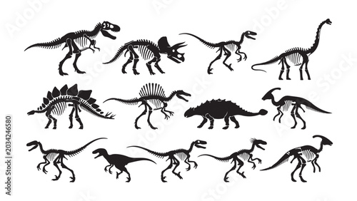 Dinosaur Skeleton Silhouettes - Fossilized Prehistoric Creatures Vector Set