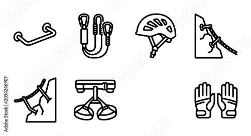 Canvas Print Climbing Gear Icons: Carabiners, Harness, Helmet, Gloves, Anchors, Belay Device,