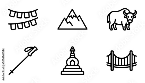 Konstfotografi Himalayan Icons Set: Yak, Mountains, Prayer Flags, Stupa, Bridge, Trekking Pole