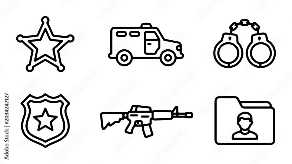 Fototapeta premium Law Enforcement Icons Set: Sheriff Star, Police Badge, Handcuffs, Rifle, Van, File