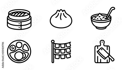 Tableau sur toile Asian Food Icons Set, Dumpling Steamer, Bao Bun, Bowl, Bento, Prayer Flags, Clea