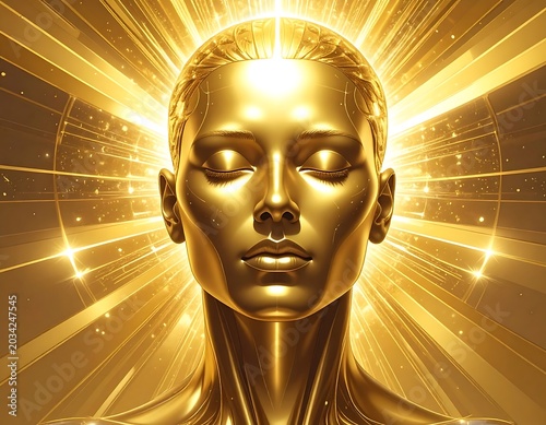 Golden radiant face, eyes closed, emanating light