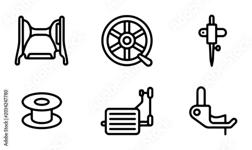 Fotografía Sewing Machine Parts Icons, Bobbin, Spool, Foot Set, Crafting Tools Vector Graph