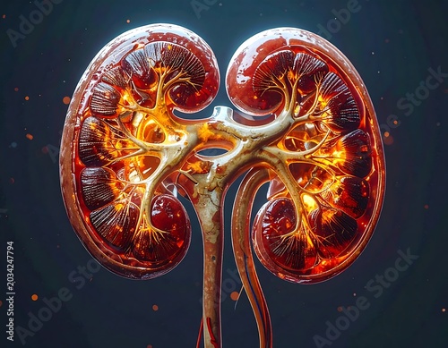 Glowing human kidneys with internal structures