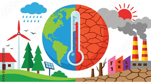 Foto Earth Divided By Climate Change Vector Illustration With Industrial Elements
