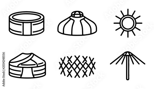 Tableau sur toile Mongolian Ger, Yurt, Sun, Drum, Fence Icons: Traditional Nomadic Life Symbols