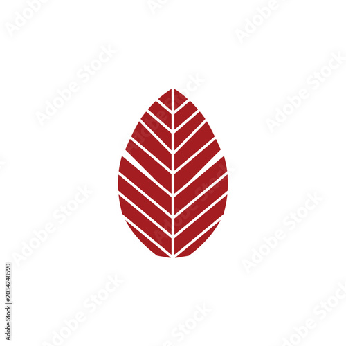 Minimalist Red Leaf Logo Icon with Geometric Pattern and Symmetrical Vein Design Isolated on White Background