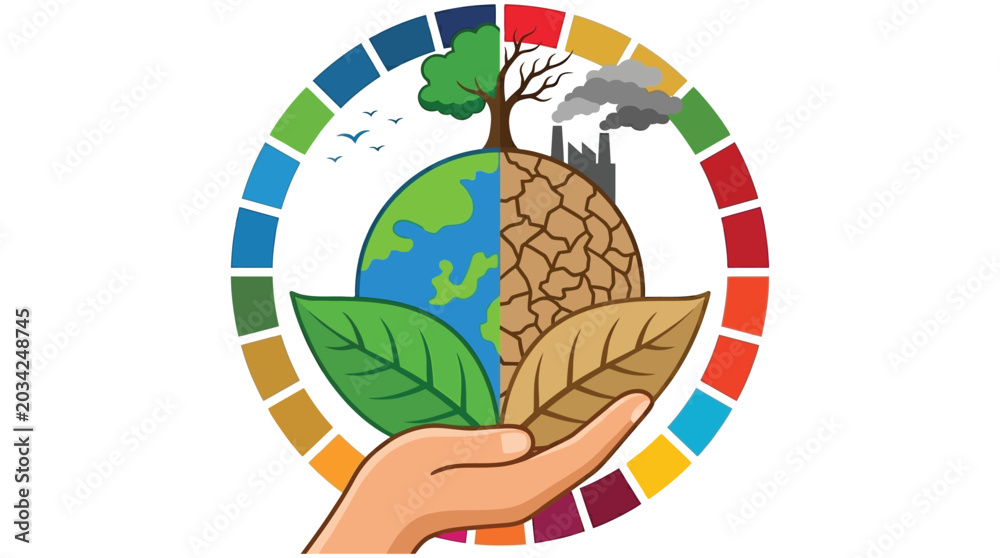 Fototapeta premium Earth And Foliage Illustration With Circular Rainbow Background