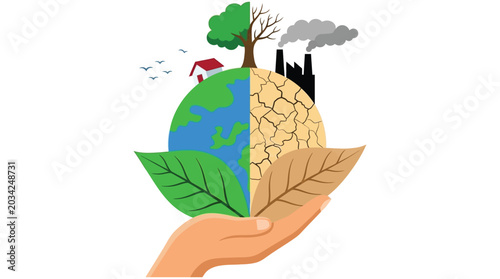 Fotografija Earth Illustration With Divided Landscape And Hand Holding Leaves