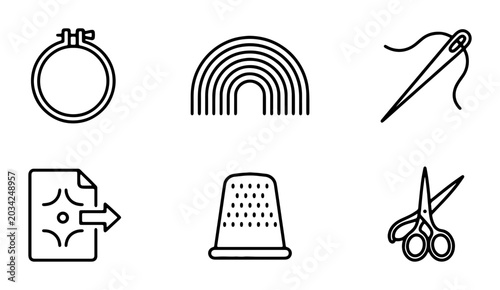 Tableau sur toile Sewing Icons Set: Embroidery Hoop, Rainbow, Needle, Thimble, Scissors, Crafting