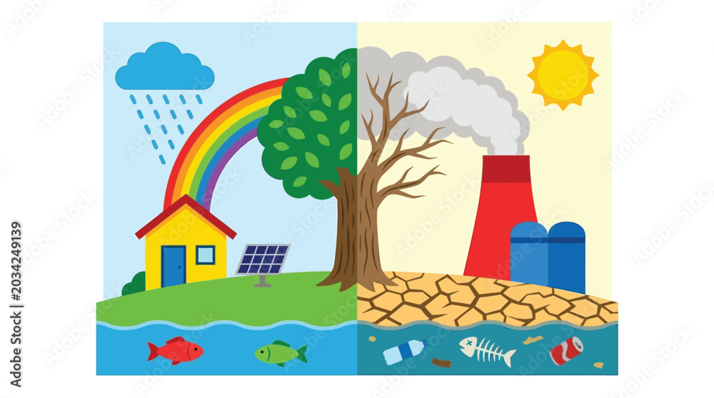 Fototapeta premium Climate contrast illustration featuring weather landscape and environmental elements