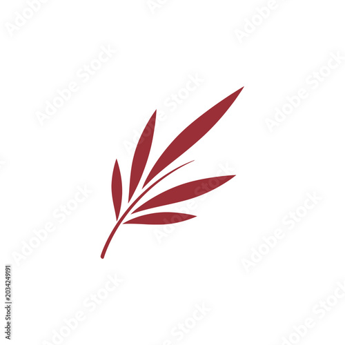 A minimalist vector illustration of a deep red botanical branch with slender leaves, elegantly isolated on a pristine white background, ideal for modern design.