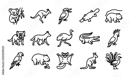 Foto Australian Wildlife Icons Set: Koala, Kangaroo, Emu, Crocodile, Wombat Vector Il