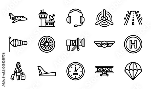 Canvastavla Airport and Aviation Icons Set: Airplane, Control Tower, Jet Bridge, Pilot Wings