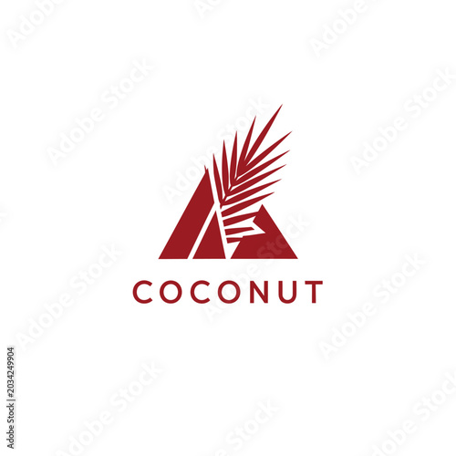 A modern, elegant brand mark in dark red, featuring a stylized triangular shape combined with a tropical palm frond, clearly identifying the 'COCONUT' company.
