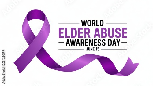 World Elder Abuse Awareness Day banner with purple ribbon isolated on white background