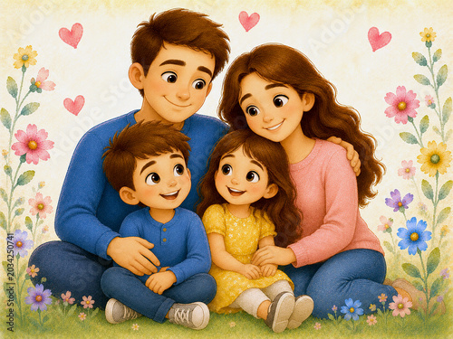 Cute illustrated family with father mother son and daughter sitting together among flowers and hearts in a warm cartoon style