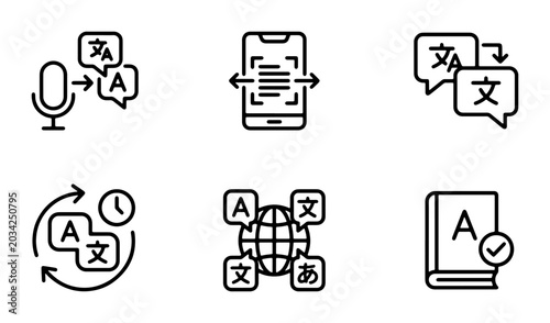 Photos Translation Icons Set, Language Interpretation Symbols, Global Communication Gra