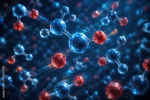 Three-dimensional visualization of molecular structure with blue and red atoms on a dark background as a concept of modern science and chemistry