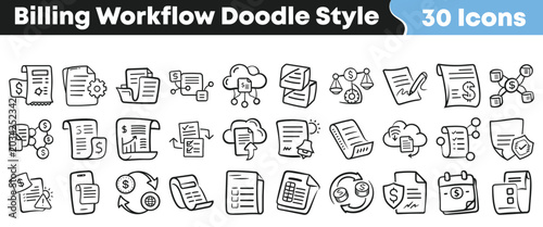 Billede på lærred Set of hand drawn billing workflow icons in doodle style
