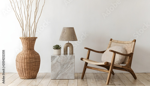 Modern interior with a rattan chair, marble side table, and a decorative vase with branches against a white wall