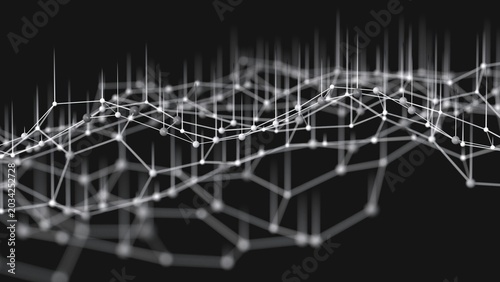 Schilderij op canvas Abstract hexagonal background with honeycomb patterns featuring white spherical nodes and connecting lines forming a geometric mesh on a black surface