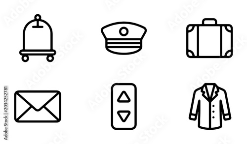 Bild auf Leinwand Hotel Service Icons: Bellhop Cart, Uniform Cap, Luggage, Mail, Elevator, Uniform