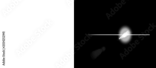 Cinematic white lens flare on black background, bright anamorphic light streak, glowing optical sunburst effect for photo overlays