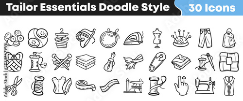 Εκτύπωση καμβά Set of hand drawn tailor equipment icons in doodle style