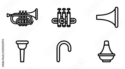 Foto Brass Instrument Icons: Trumpet, Valves, Bell, Mouthpiece, Tuning Slide, Mute Ve