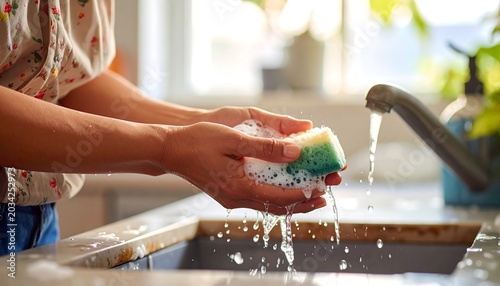 Hands washing dishes in a sunlit kitchen sink