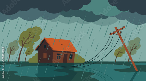 Fotografie Natural Disaster: House and Power Lines Damaged by Severe Storm, Rain, Flood