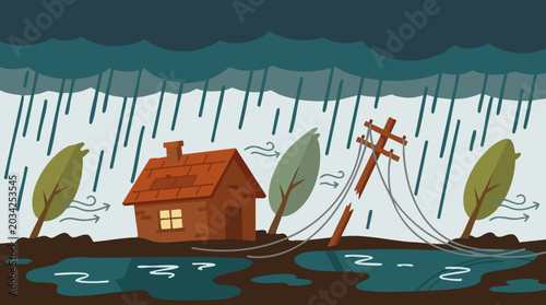 Foto Illustration of a house and broken utility pole during a severe storm with heavy