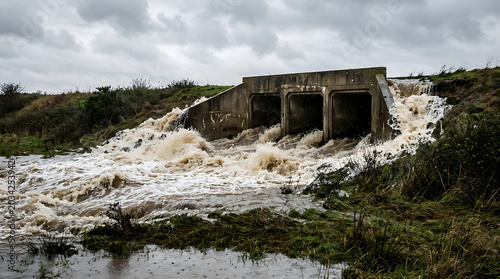 Flooded river with water flowing over a concrete dam