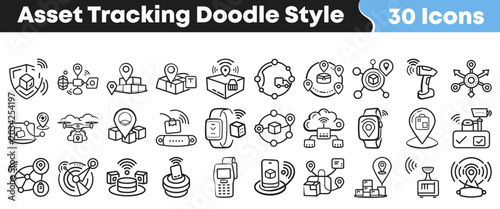 Foto Collection of asset tracking doodle style icons for logistics management systems