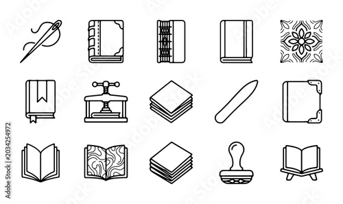 Foto Bookbinding Tools & Supplies Vector Icons Set: Crafting, Stationery, Library & P