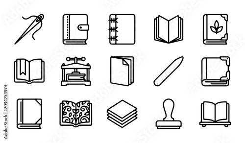 Konstfotografi Bookbinding Icons Set, Craft Supplies Vector Graphics, Stationery Tools Collecti