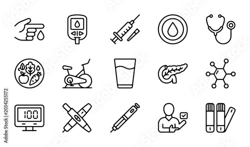 Foto Diabetes Care Icons: Blood Glucose Monitoring, Insulin, Healthy Lifestyle, Pancr