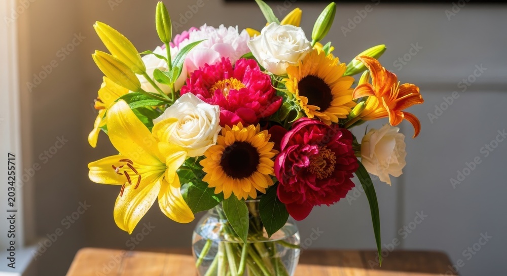 Fototapeta premium Colorful flower bouquet in clear glass vase on table