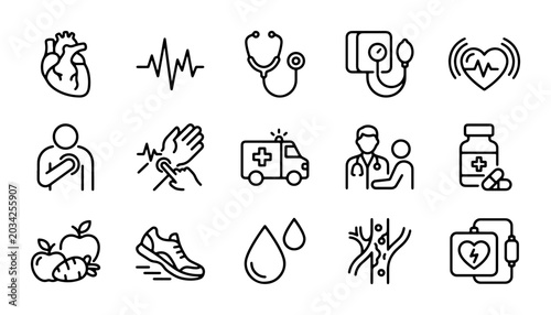 Bild auf Leinwand Medical Health Icons Set: Cardiology, Diagnostics, Emergency, Wellness, and Fitn