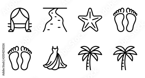 Bild auf Leinwand Beach Wedding Icons, Tropical Vacation Symbols, Summer Holiday Elements, Vector