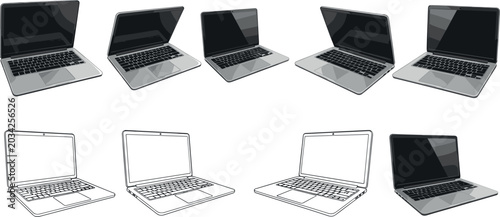 Photography Modern Laptop Computer Vector Set with Isometric Angles Keyboard Details and Lin