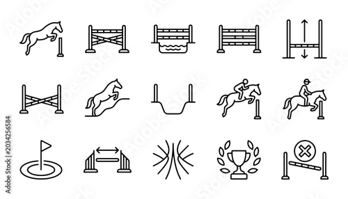 Cuadro en lienzo Equestrian Jumping Icons Set, Horse Riding Sport Symbols, Show Jumping Obstacle